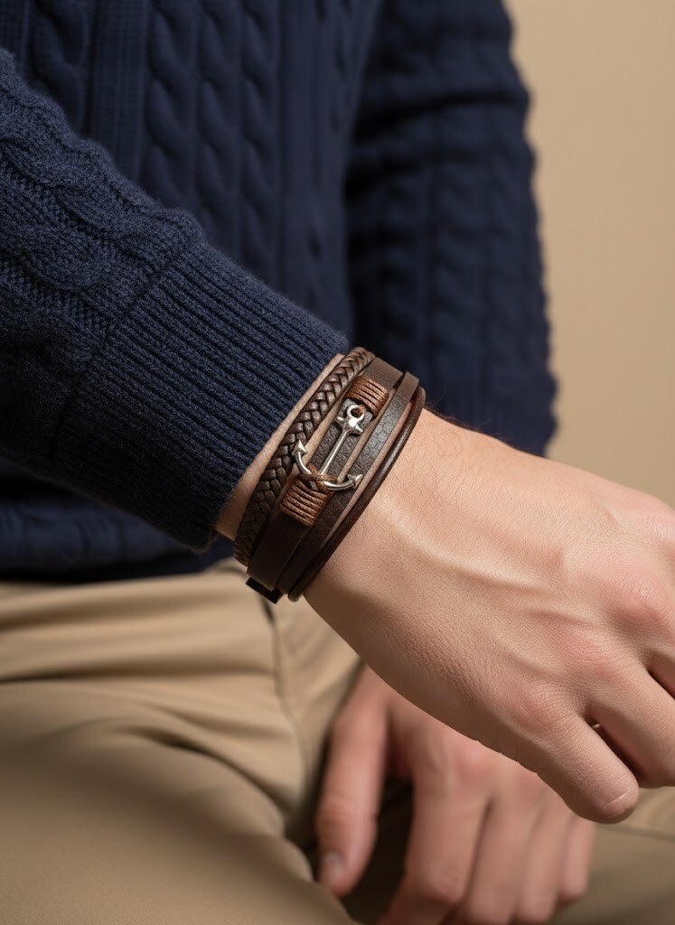 Mayorista I.L JOLI B - Pulsera para hombre de triple vuelta en cuero y acero inoxidable