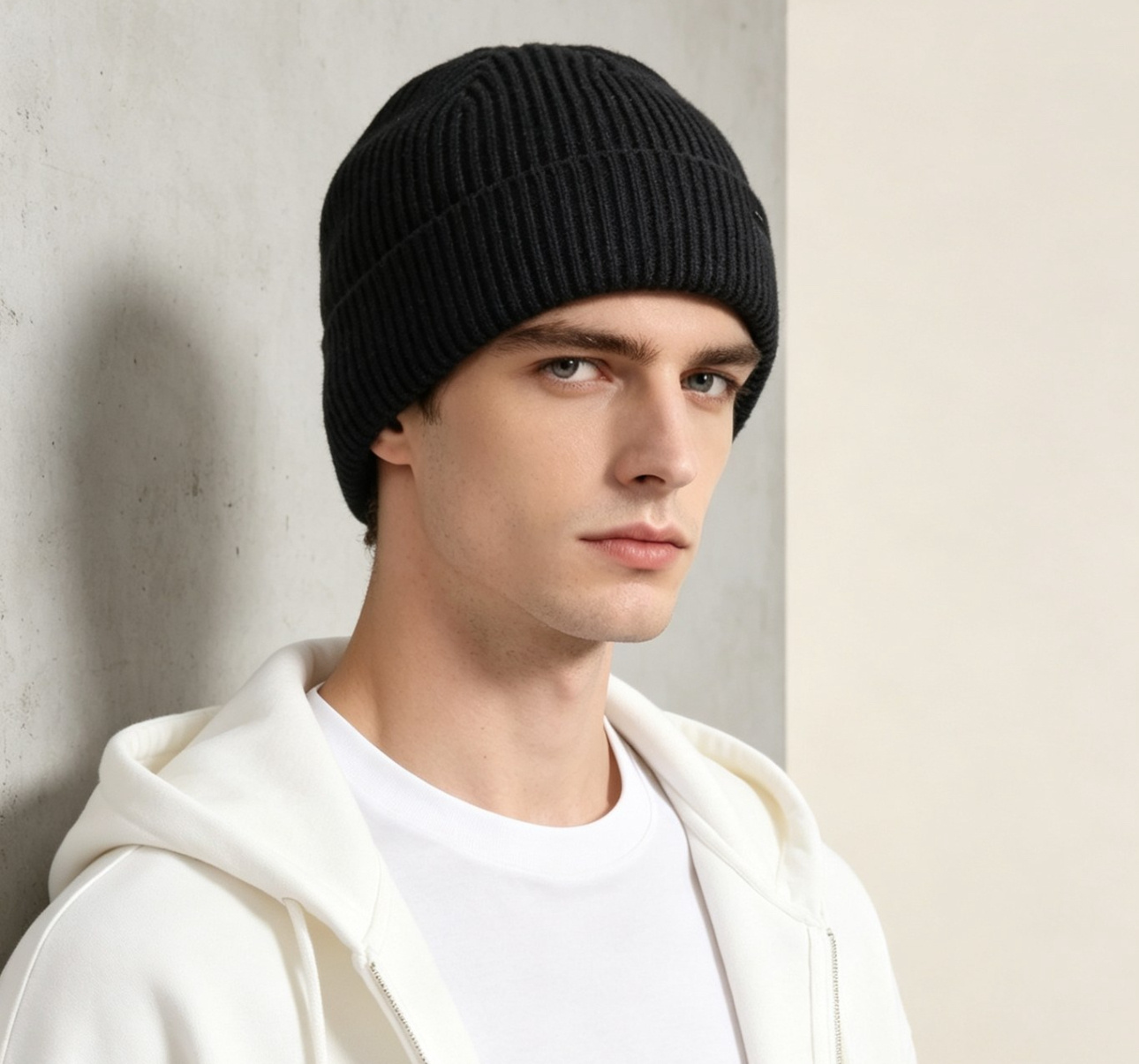 Mayorista JERRY.AMY - Gorro esencial para hombre de punto acanalado ancho con vuelta y etiqueta decorativa