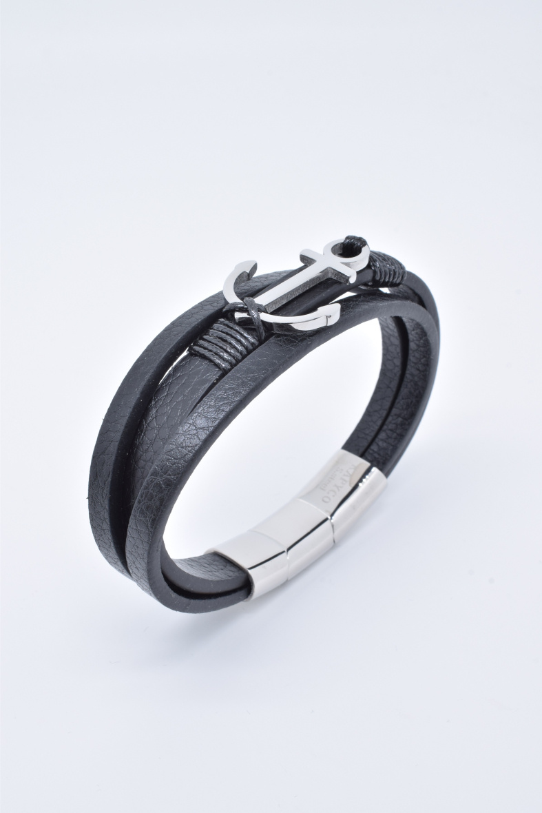 Wholesaler Kapyco - Men's three-row black leather bracelet with removable magnetic steel clasp