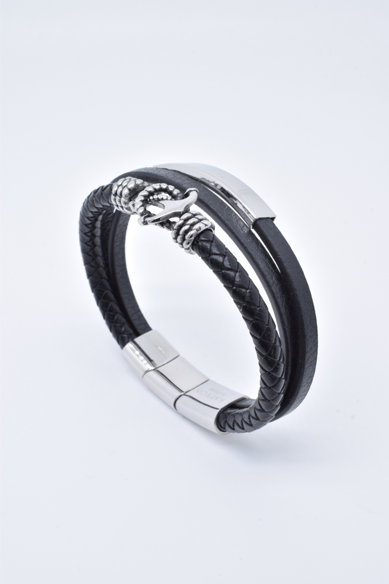 Wholesaler Kapyco - Men's three-row black leather bracelet with removable magnetic steel clasp