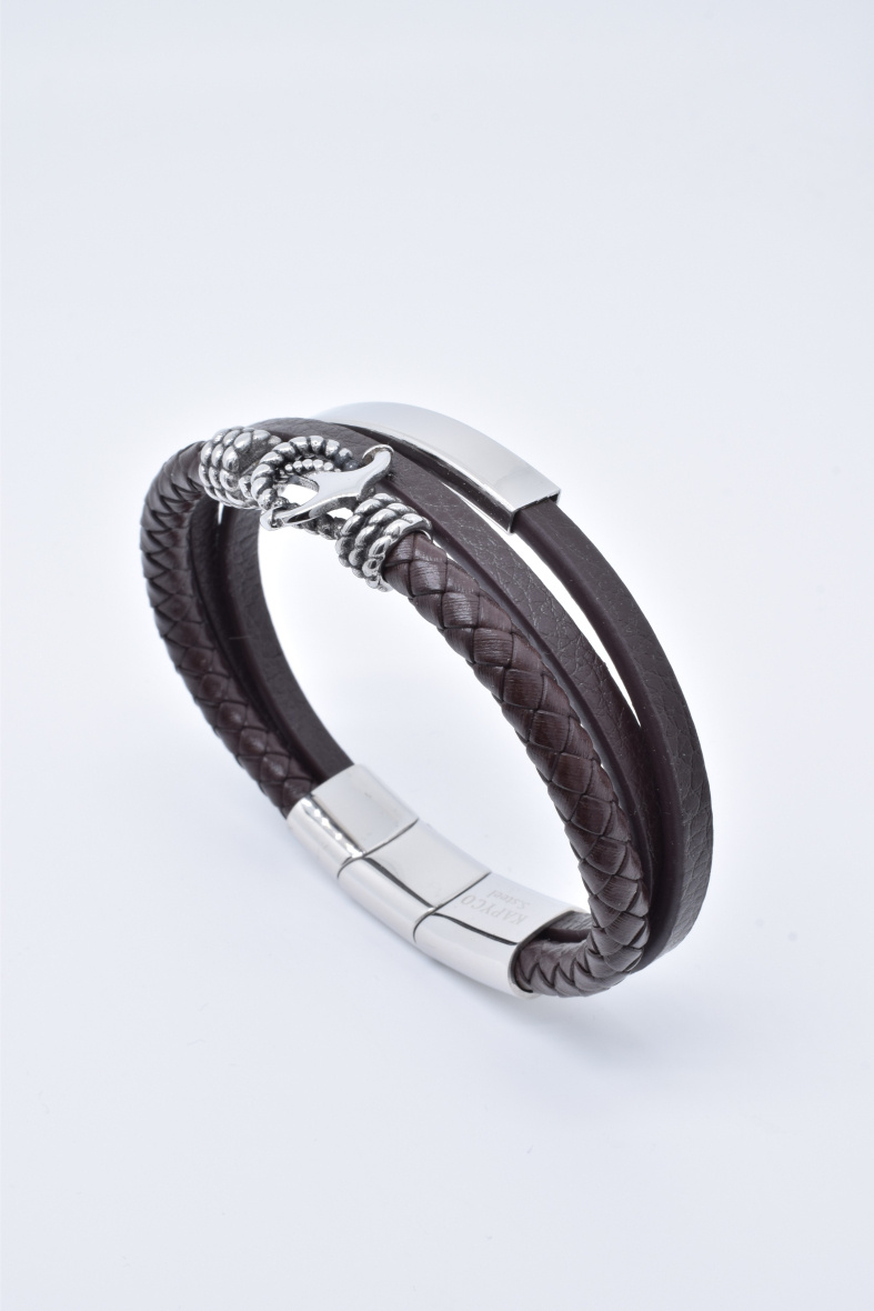 Wholesaler Kapyco - Men's three-row black leather bracelet with removable magnetic steel clasp