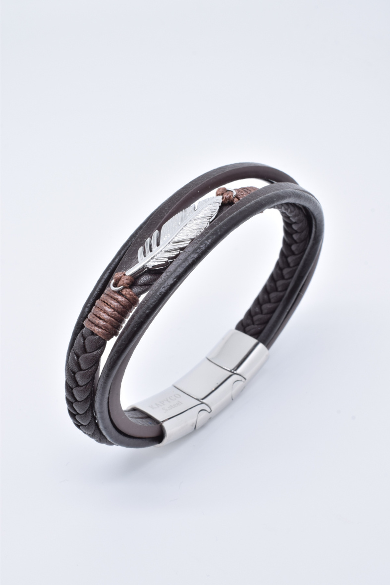 Mayorista Kapyco - Brazalete de cuero negro de cuatro hileras para hombre con cierre magnético extraíble de acero