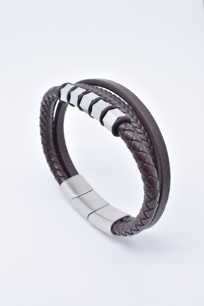 Wholesaler Kapyco - Men's four-row black leather bracelet with removable magnetic steel clasp