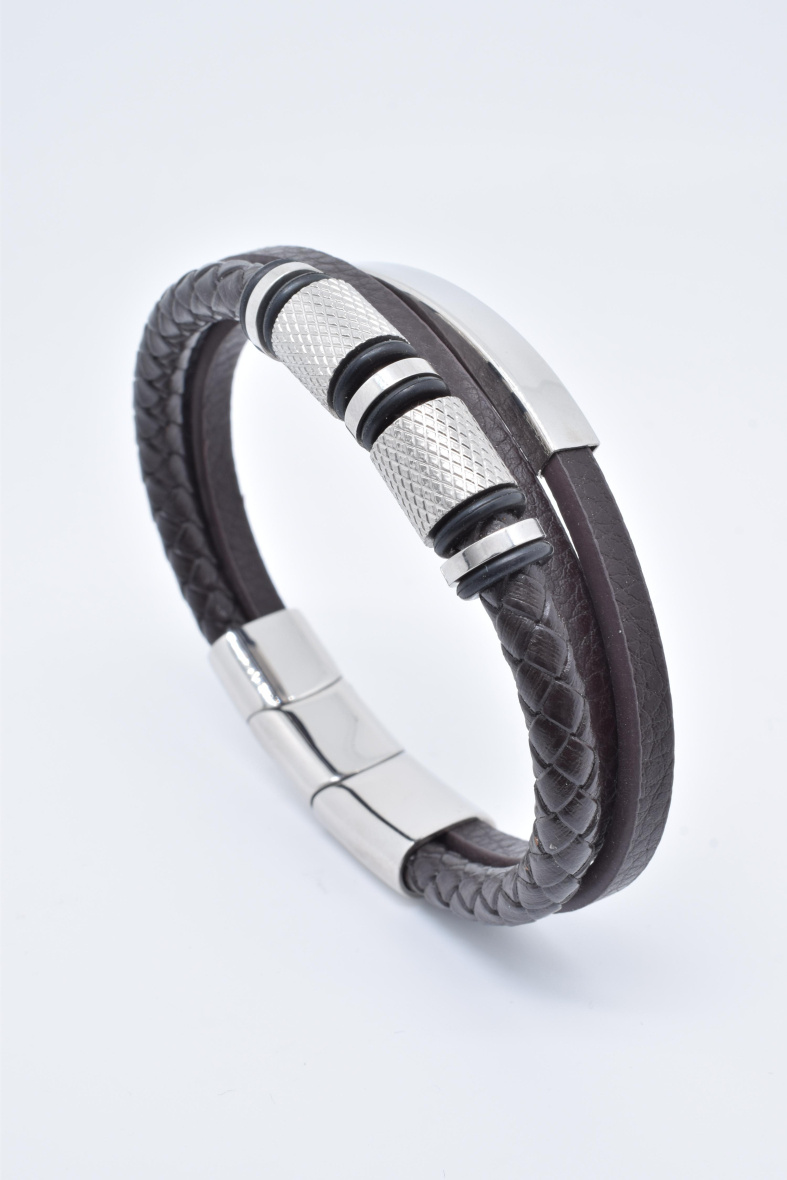 Wholesaler Kapyco - Men's brown leather bracelet in stainless steel