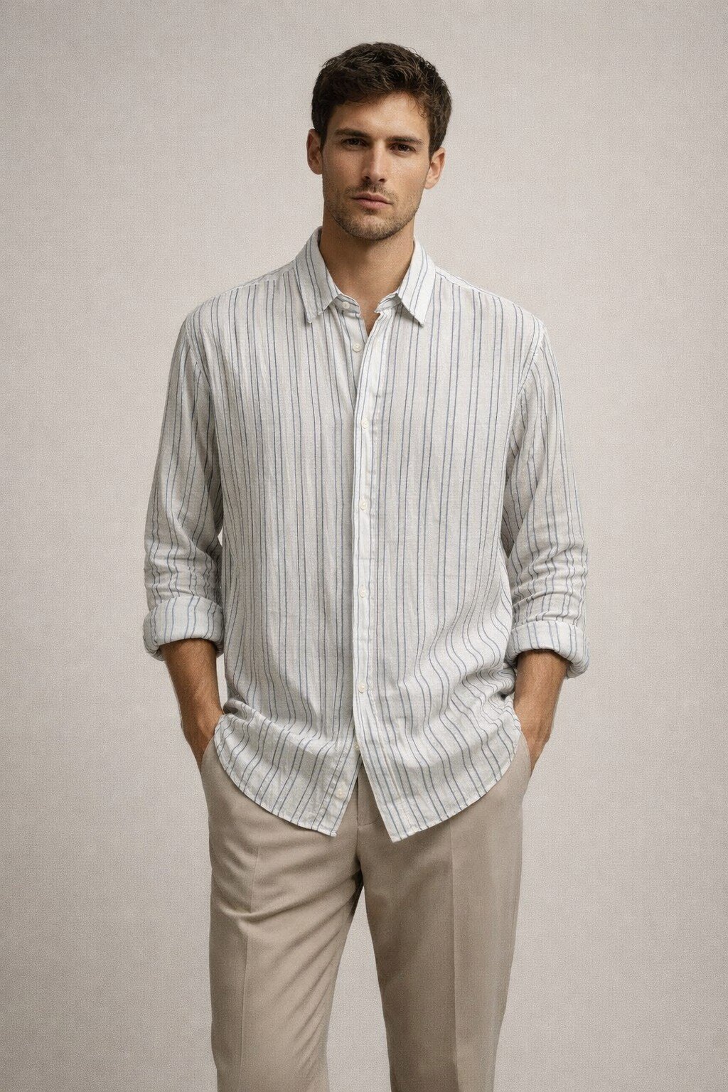 Grossiste KIS₂ - CHEMISE HOMME À RAYURES EN LIN MANCHES LONGUES AVEC COL COL CONFORTABLE BOUTONS FRONTAUX AVEC LES TAILLES