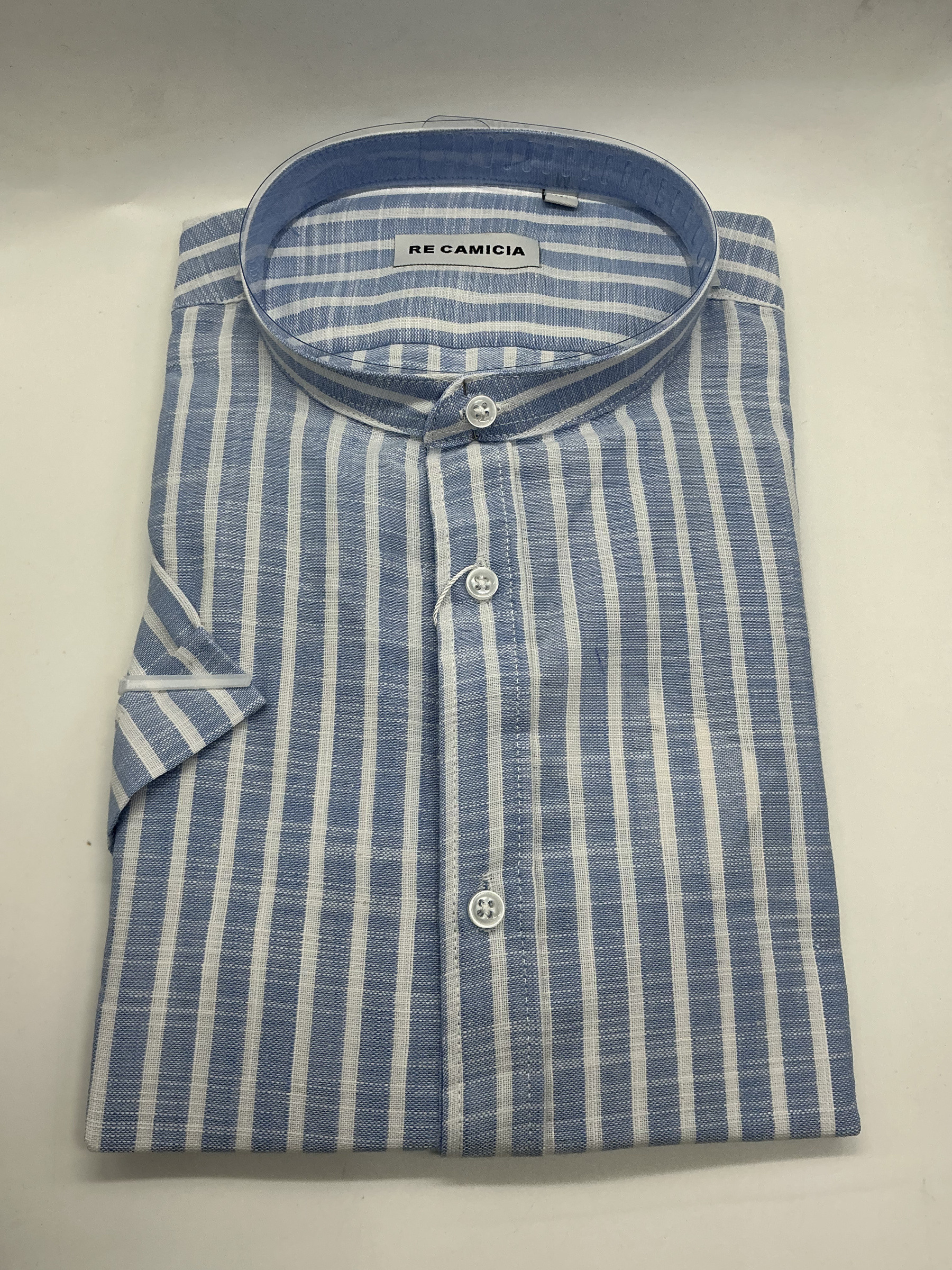 Grossiste KIS₂ - CHEMISE À RAYURES POUR HOMME EN LIN MÉLANGÉ MANCHES COURTES COL MAO VENTE EN LOT TAILLE M À XXXL