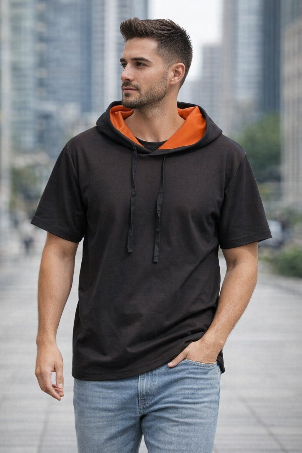 Wholesaler KIS₂ - Men's sporty short-sleeve hoodie comfortable solid color in sizes