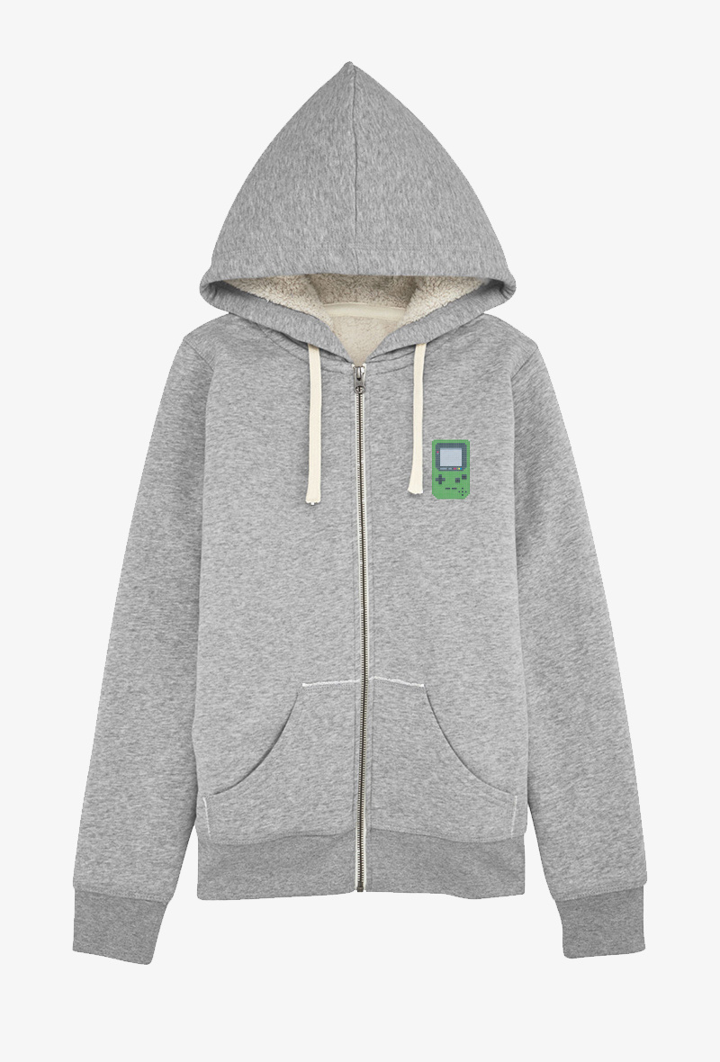 Mayorista Koloris - Sudadera con cremallera para adultos Gris jaspeado ALGODÓN ORGÁNICO - BORDADO Gameboy
