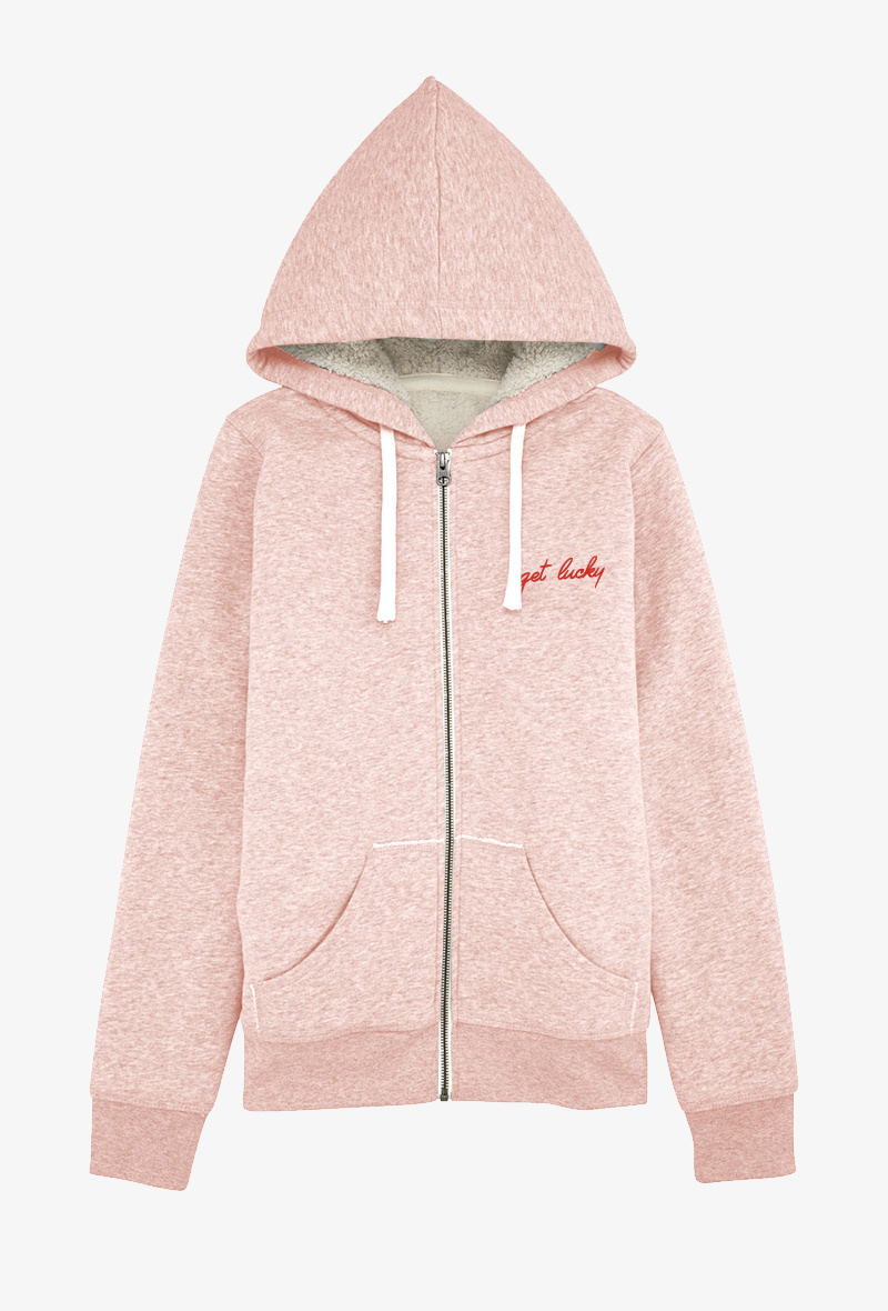 Wholesaler Koloris - Sweat zippé Adulte Rose chiné COTON BIOLOGIQUE - BRODERIE Get lucky