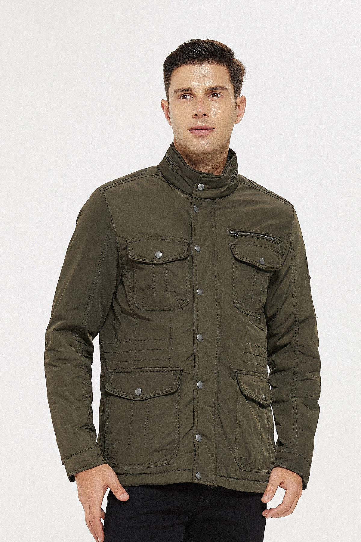 Großhändler KYMAXX - Jacke im Hunter-Stil, mehrere Taschen, Stehkragen