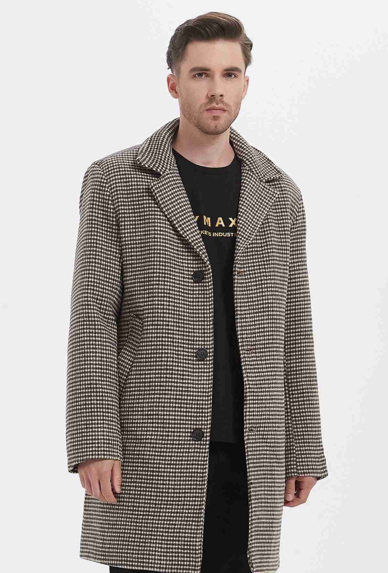 Wholesaler KYMAXX - Brown checked coat with tailored collar and multiple pockets