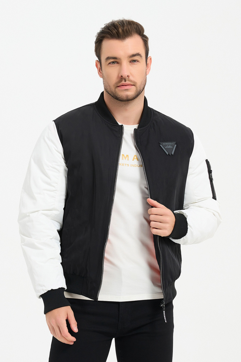 Mayorista KYMAXX - Cazadora bomber bicolor repelente al agua con logo en manga y torso