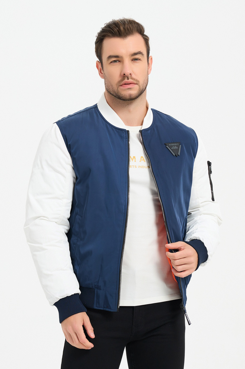 Mayorista KYMAXX - Cazadora bomber bicolor repelente al agua con logo en manga y torso