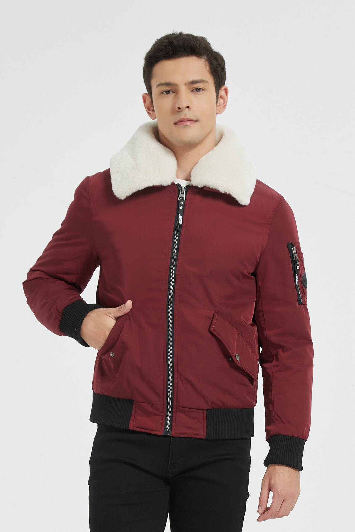 Wholesaler KYMAXX - Aviator style bomber jacket Large white lined American collar
