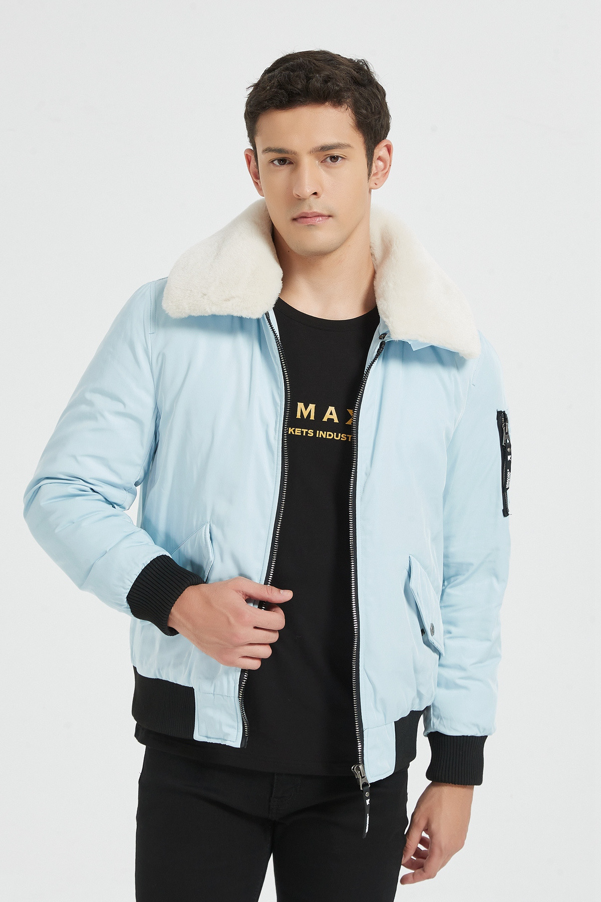 Grossiste KYMAXX - Bomber style aviateur Large col américain fourré blanc