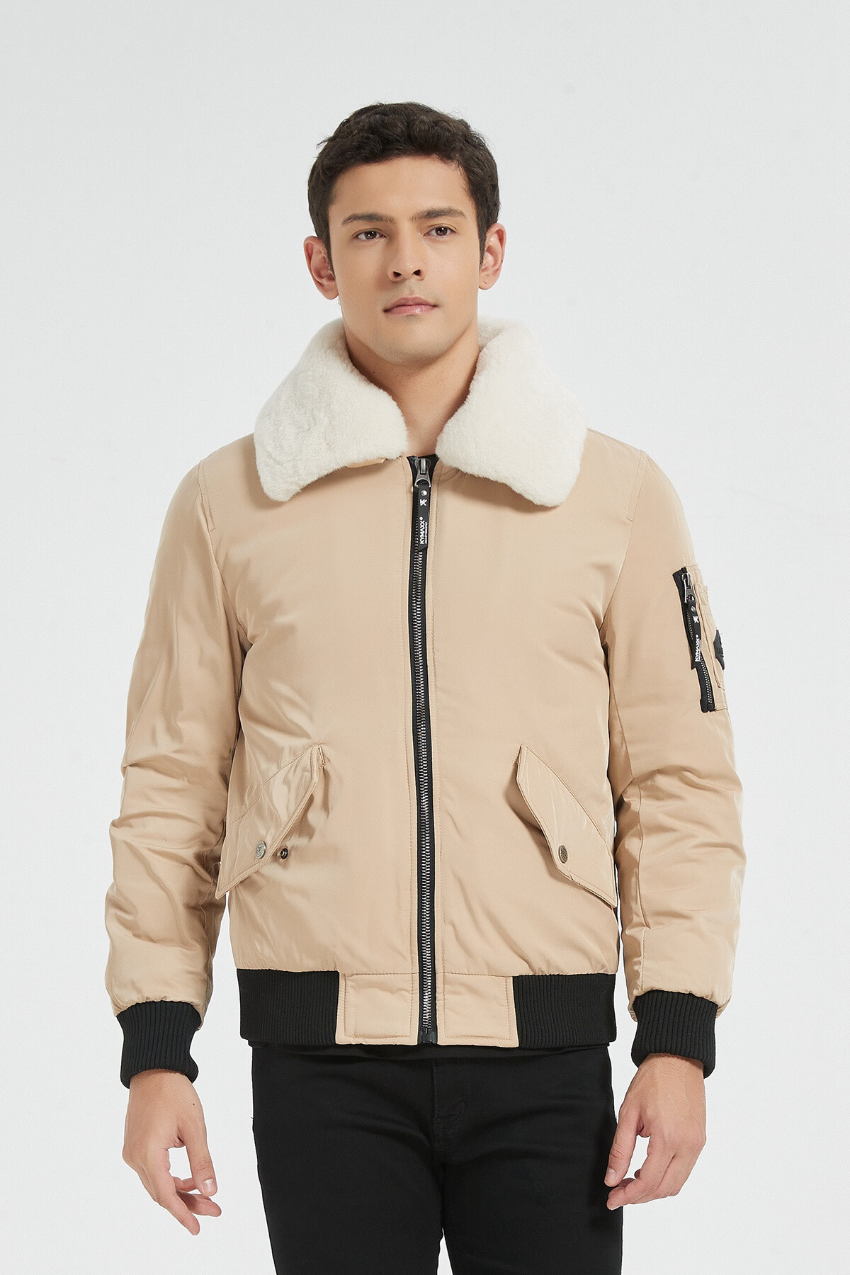 Wholesaler KYMAXX - Aviator style bomber jacket Large white lined American collar