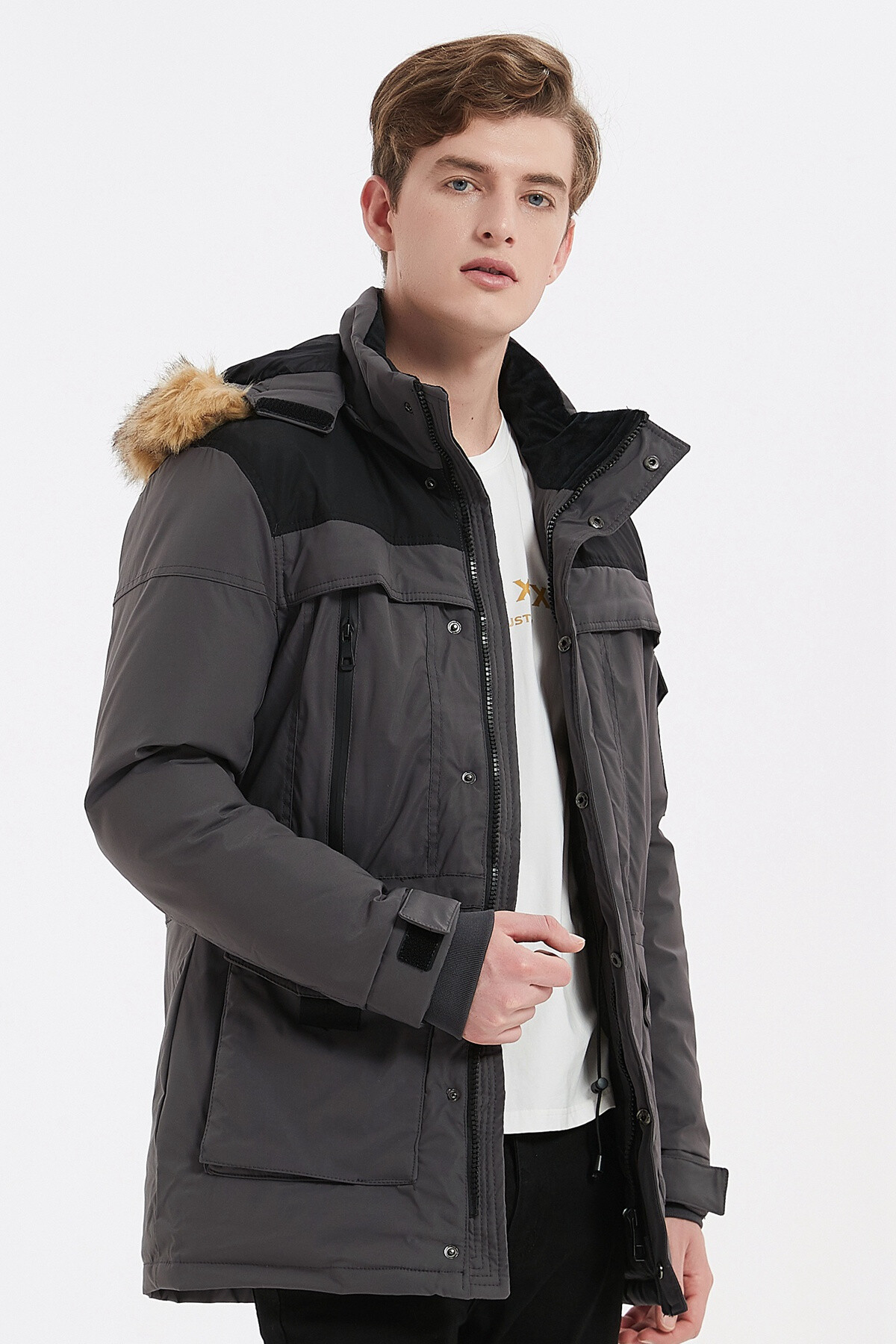 Grossiste KYMAXX - Parka mi-longue Matière déperlante Capuche fourrure amovible