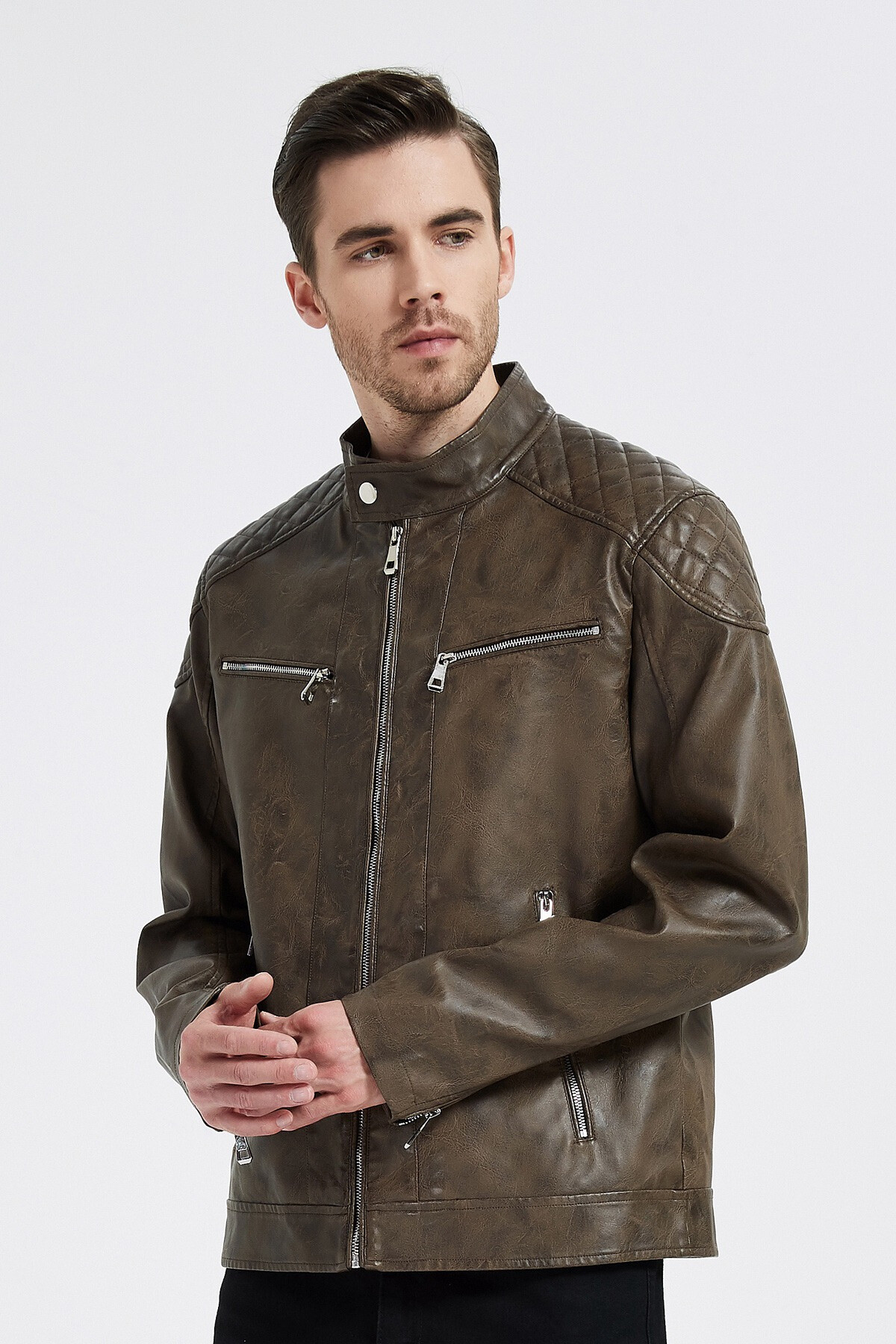 Grossiste KYMAXX - Veste en simili cuir mi-saison Col montant