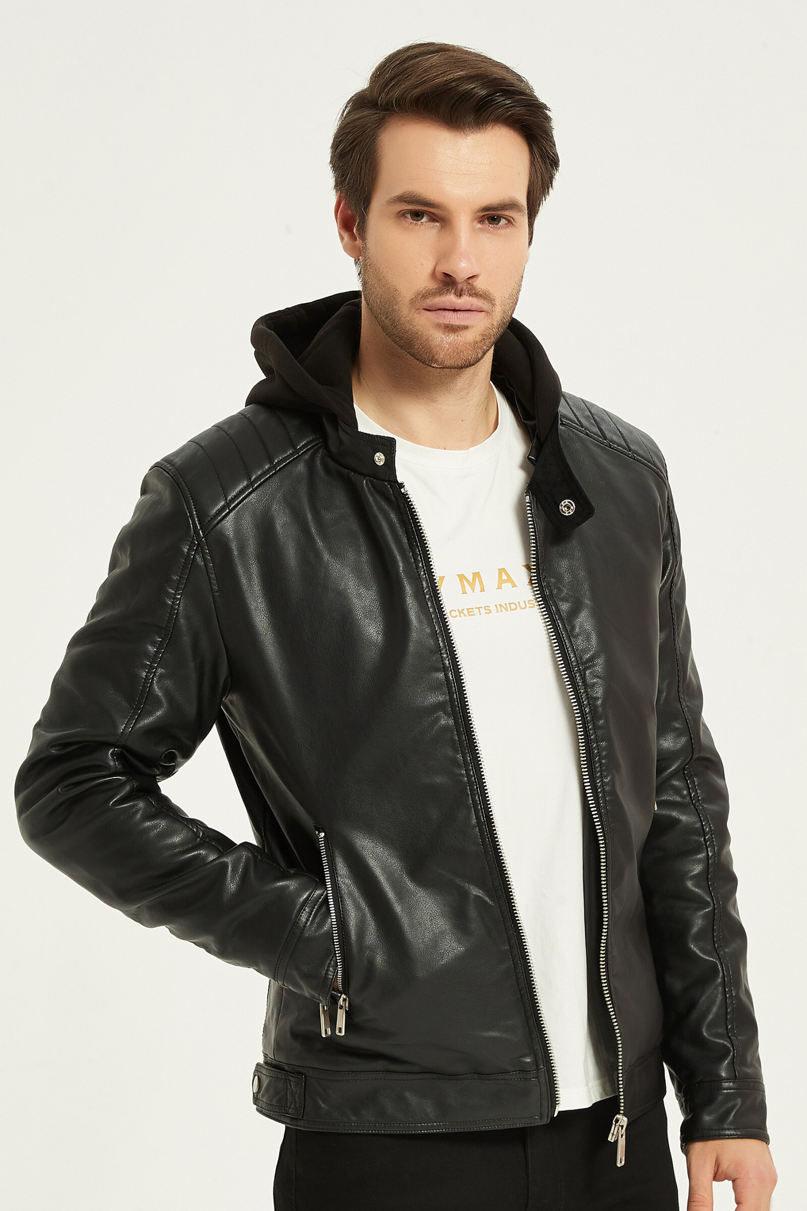 Wholesaler KYMAXX - Removable hood biker jacket