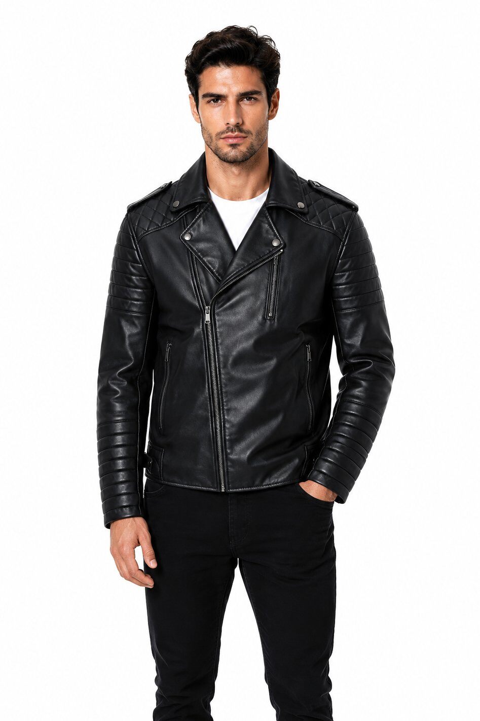 Grossiste KYMAXX - Blouson biker noir homme similicuir