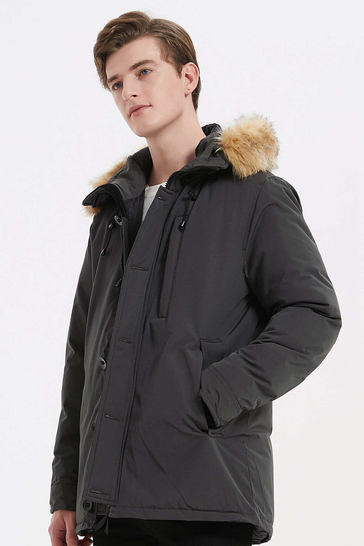 Grossiste KYMAXX - Parka mi-longue Matière déperlante Capuche fourrure amovible