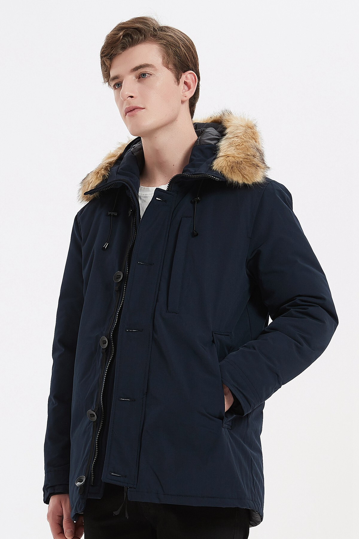 Grossiste KYMAXX - Parka mi-longue Matière déperlante Capuche fourrure amovible