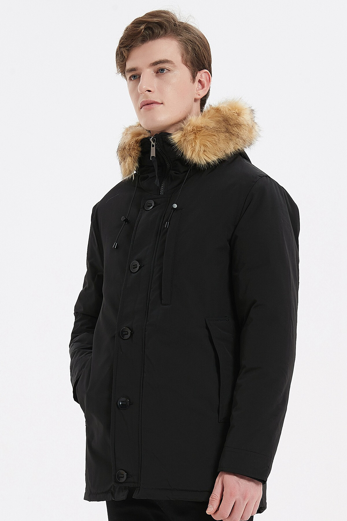 Grossiste KYMAXX - Parka mi-longue Matière déperlante  Capuche  fourrure amovible