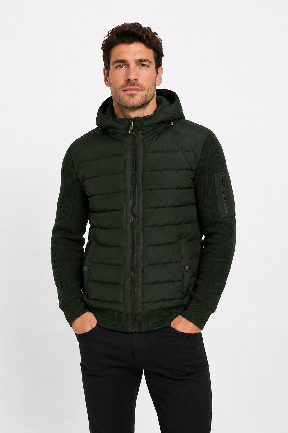 Grossiste KYMAXX - Blouson homme bi-matière matelassé et maille côtelée à capuche