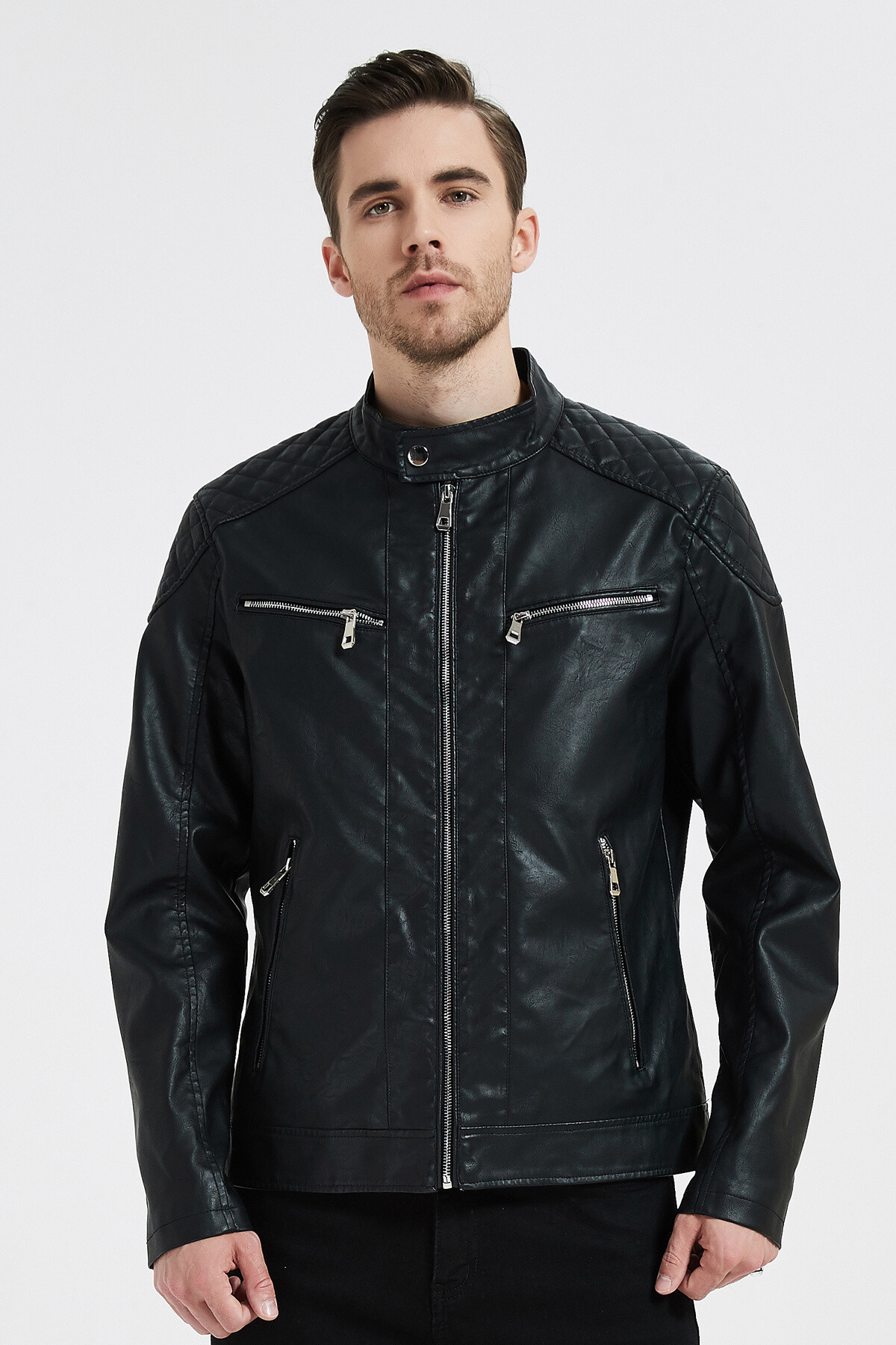 Grossiste KYMAXX - Veste en simili cuir mi-saison Col montant