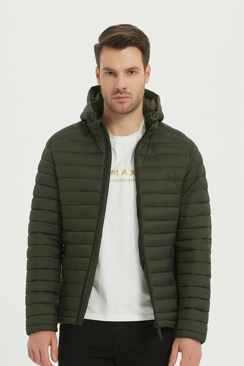 Wholesaler KYMAXX - Quilted fabric down jacket with fine stripes, high collar, removable ski hood
