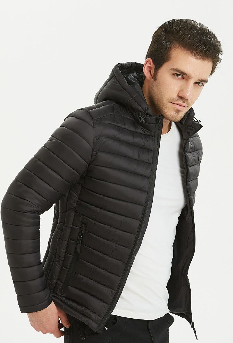 Wholesaler KYMAXX - Quilted fabric down jacket with fine stripes, high collar, removable ski hood