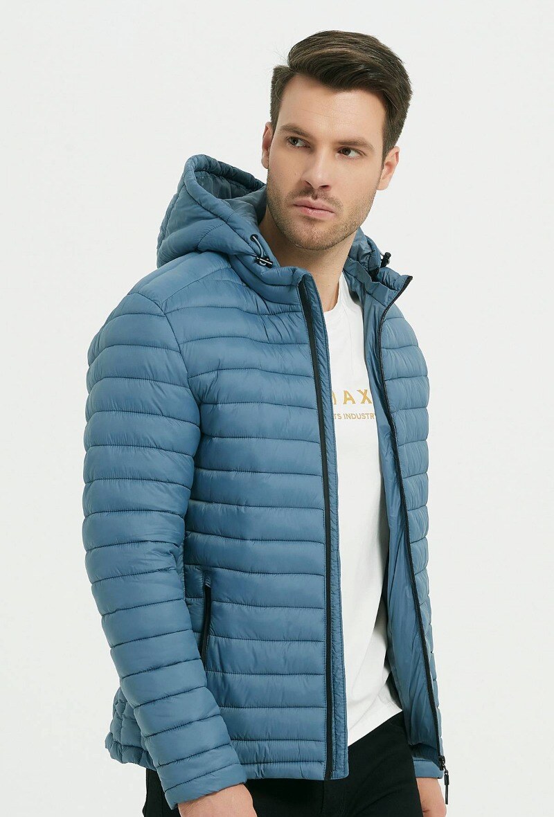 Wholesaler KYMAXX - Quilted fabric down jacket with fine stripes, high collar, removable ski hood
