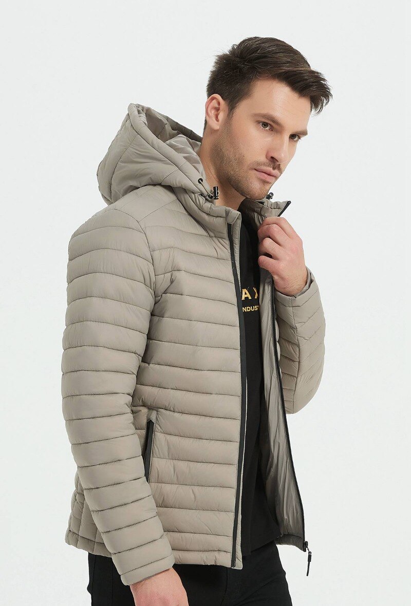 Wholesaler KYMAXX - Quilted fabric down jacket with fine stripes, high collar, removable ski hood