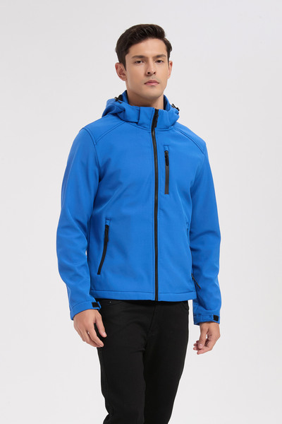 Mayorista KYMAXX - Chaqueta softshell azul real para hombre con capucha Mayorista KYMAXX - Chaqueta softshell azul real para hombre con capucha