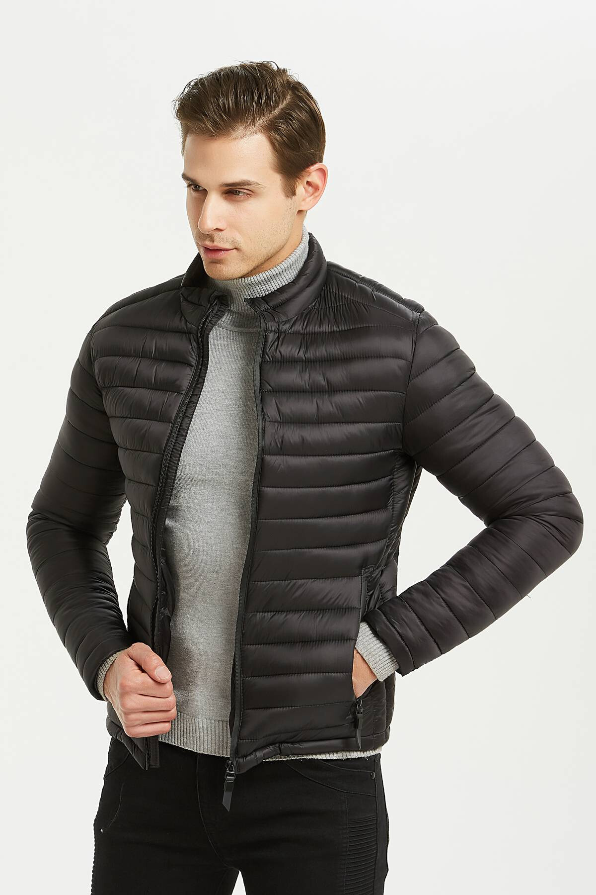 Wholesaler KYMAXX - Lightweight straight plain down jacket without hood with long sleeves