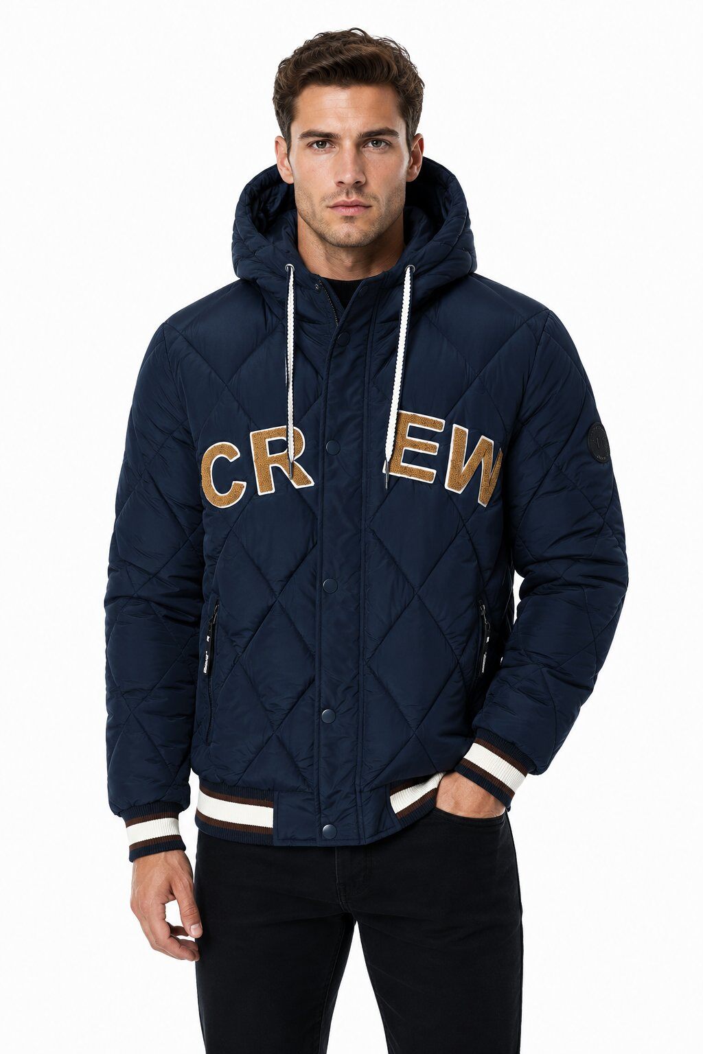 Grossiste KYMAXX - Blouson matelassé homme à capuche, motif losanges
