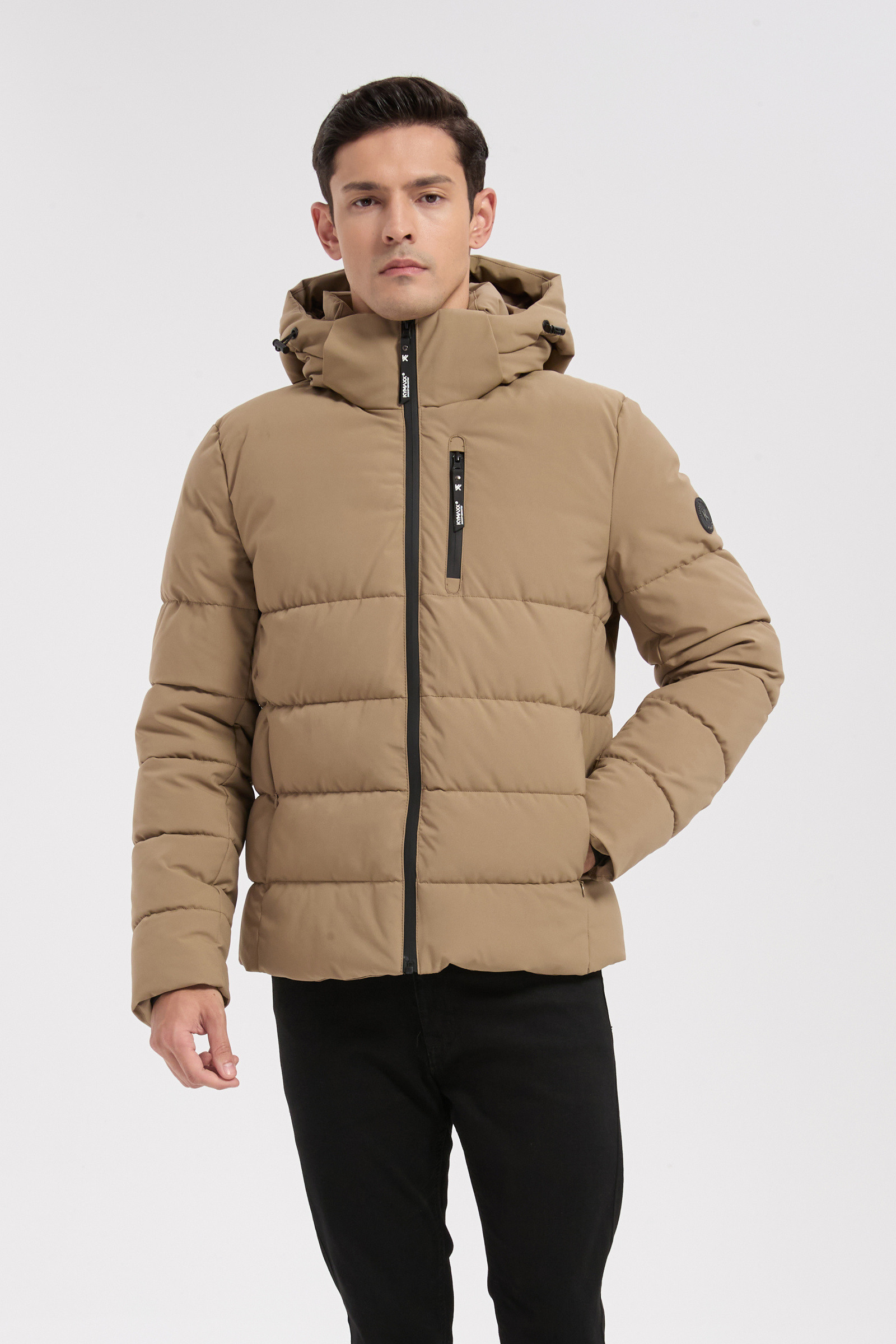 Grossista KYMAXX - Giacca imbottita beige da uomo con cappuccio