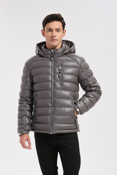 Mayorista KYMAXX - Chaqueta acolchada gris para hombre con aspecto de cuero Mayorista KYMAXX - Chaqueta acolchada gris para hombre con aspecto de cuero