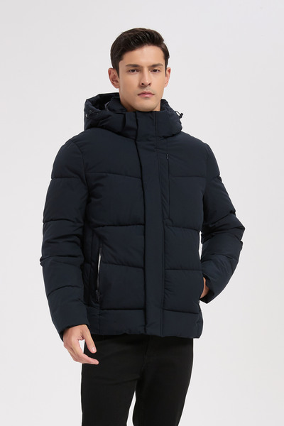 Mayorista KYMAXX - Chaqueta acolchada azul oscuro para hombre con capucha Mayorista KYMAXX - Chaqueta acolchada azul oscuro para hombre con capucha