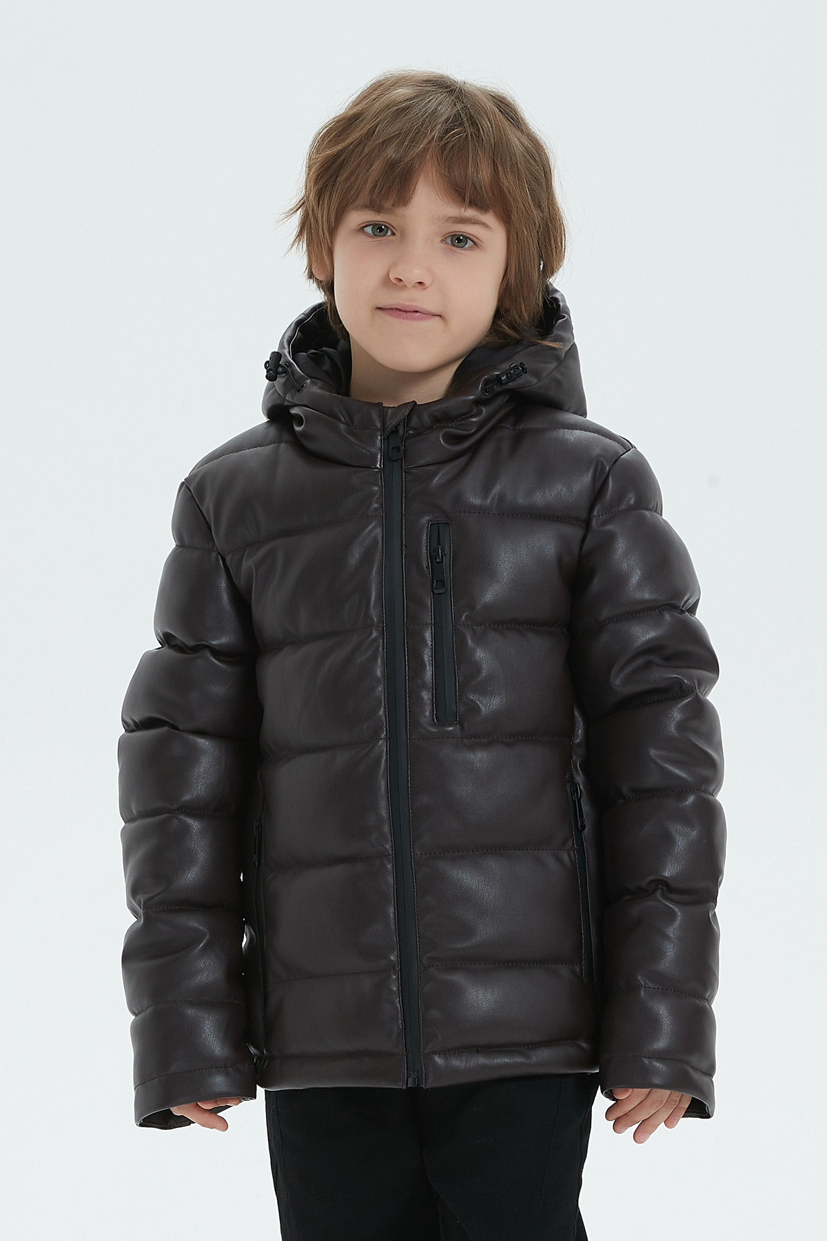 Großhändler KYMAXX - Langarm Kinderjacke Satin Stoff Effekt Imitation Leder