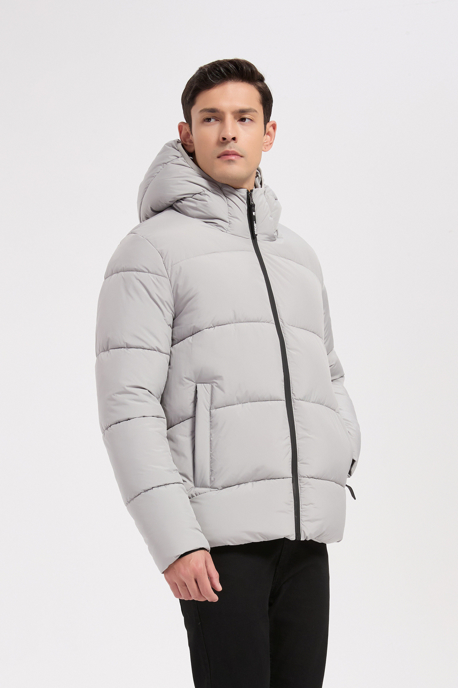 Grossiste KYMAXX - Doudoune gris clair homme à capuche