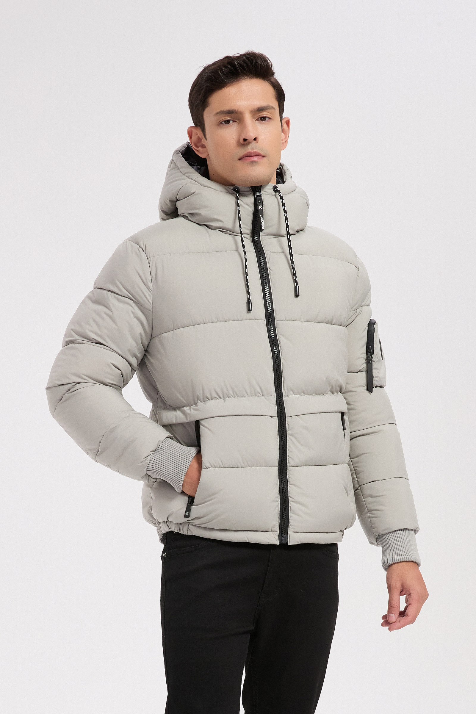 Grossiste KYMAXX - Doudoune gris homme à capuche