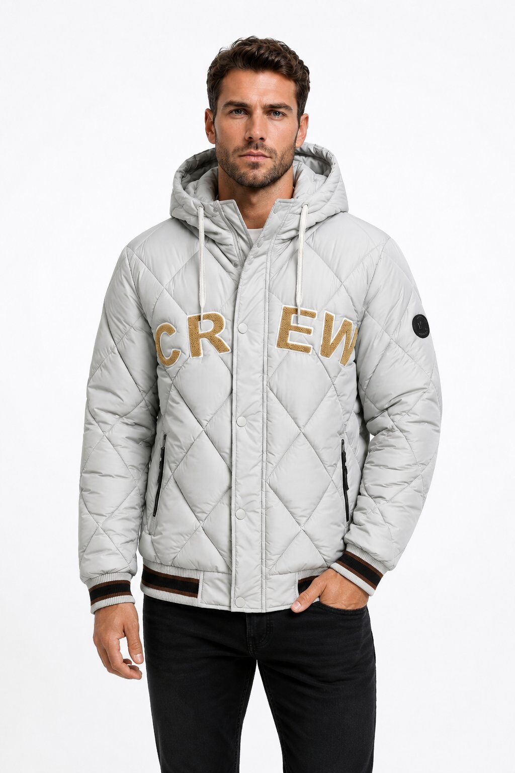 Grossiste KYMAXX - Blouson matelassé homme à capuche, motif losanges
