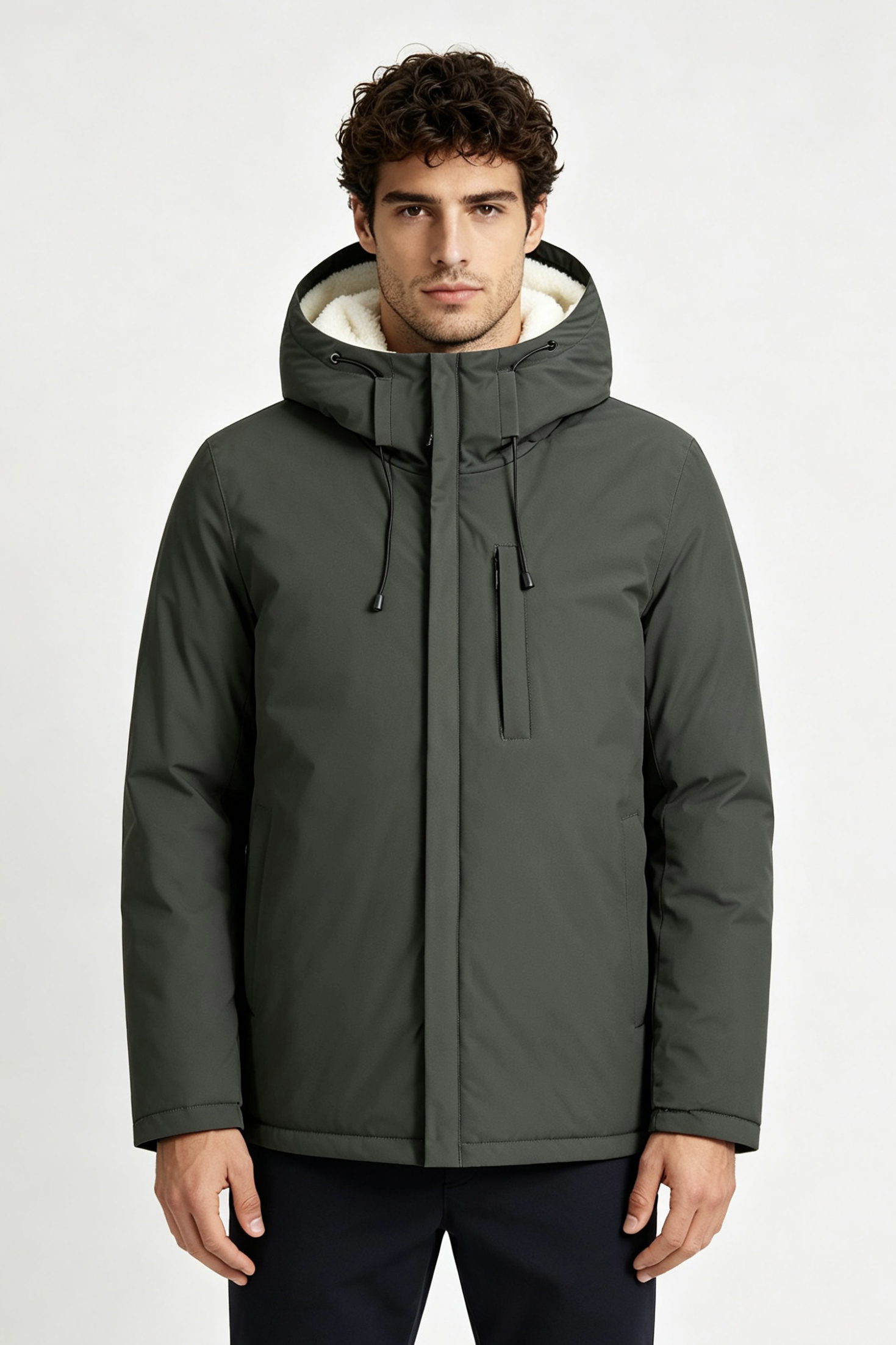 Mayorista KYMAXX - Parka verde oscuro para hombre con forro de sherpa