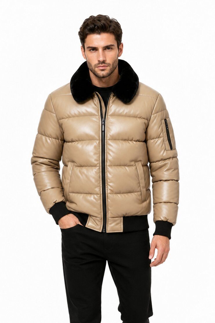 Grossista KYMAXX - Piumino beige da uomo in similpelle