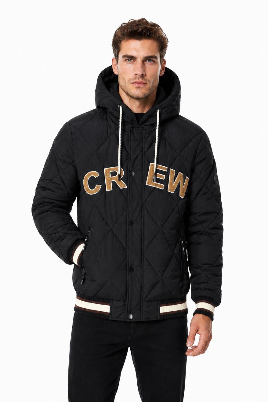 Grossiste KYMAXX - Blouson matelassé noir homme à capuche, motif losanges