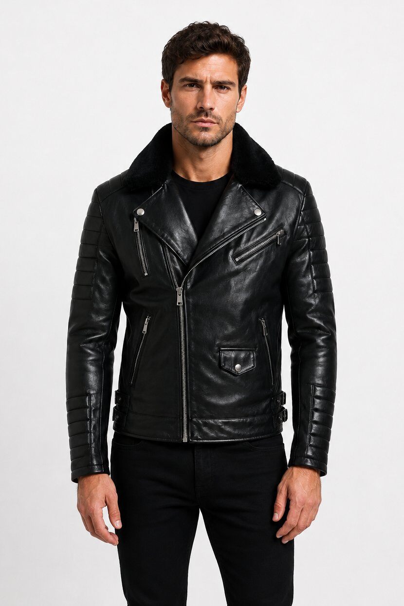 Großhändler KYMAXX - Schwarze Bikerjacke aus Kunstleder mit Fellkragen