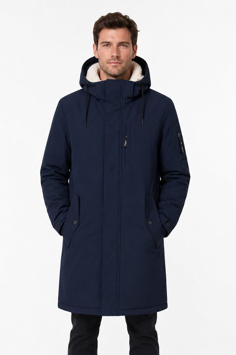 Grossiste KYMAXX - Parka longue homme doublée sherpa à capuche