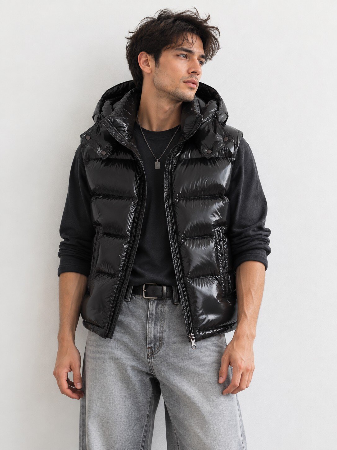 Wholesaler KZR - Sleeveless Hooded Mirror Shine Puffer Vest