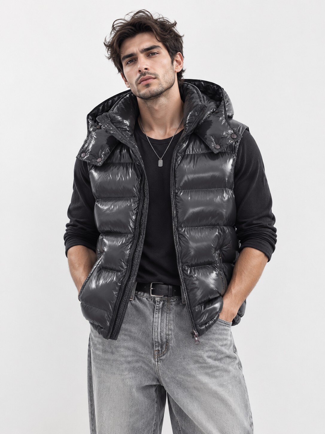 Wholesaler KZR - Sleeveless Hooded Mirror Gloss Puffer Jacket